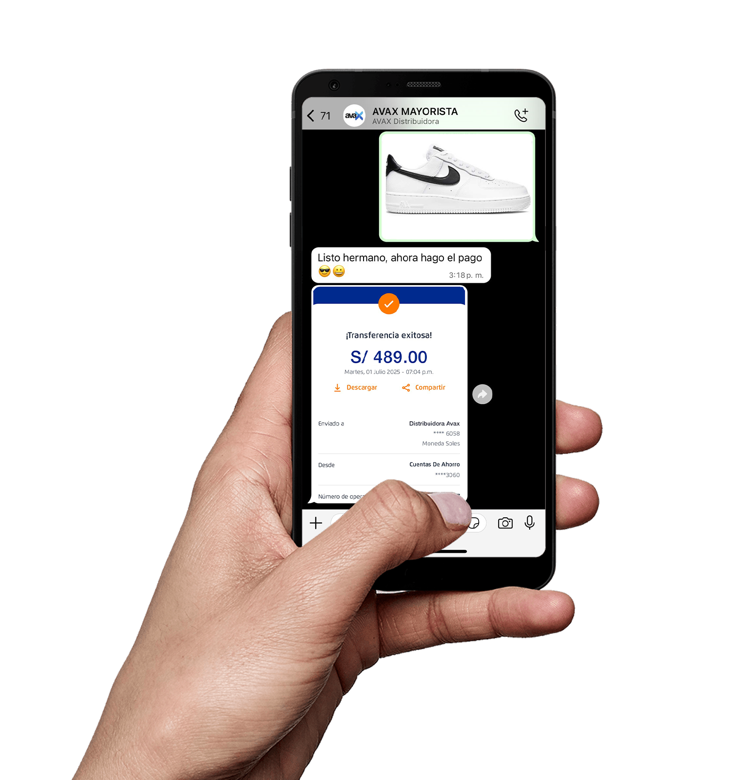 Compra mayorista por WhatsApp — transferencia confirmada de S/ 489